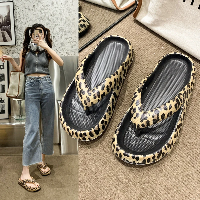 Fashion Leopard Eva Flip Flops for Women Summer 2023 New Clip Toe Platform Slippers Woman Soft Sole Non Slip Beach Slide Sandals