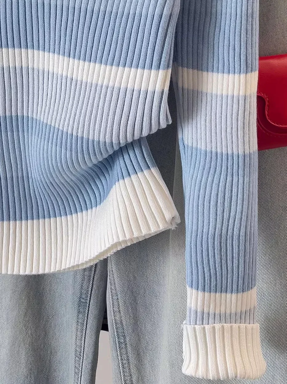 حجم كبير محبوك تي شيرت المرأة سليم صالح الداخلية irt عادية Sle طويل Sve مخطط طوق تي شيرت للتنقل الخريف #5