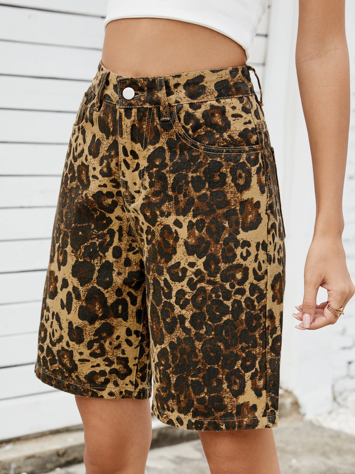 

Washed Casual Leopard Print Slimming Denim Shorts High Waist Street Style Women's Summer New Fashion Cross-Border Jeans