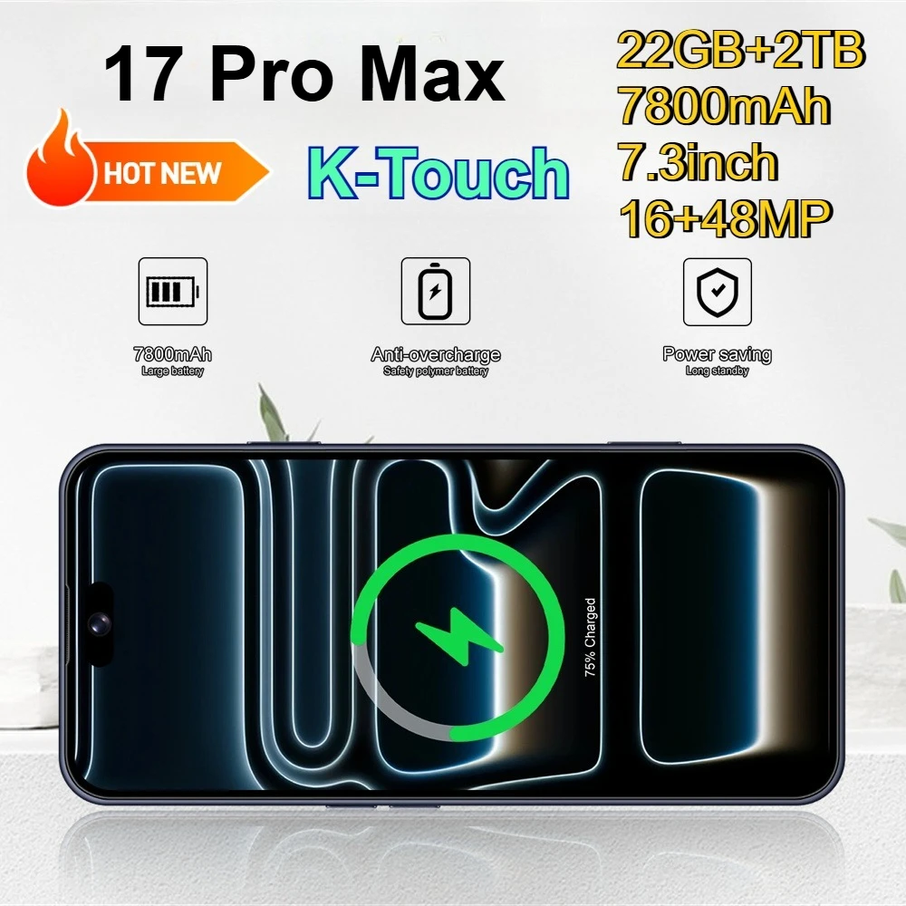 Smartphone K-Touch per 17 Pro Max, schermo intero da 7,3 pollici, telefoni cellulari 22G+2TB, 16+48MP, 5G, doppia SIM, batteria da 7800mAh, Face ID, sbloccato, Android 15, cellulari