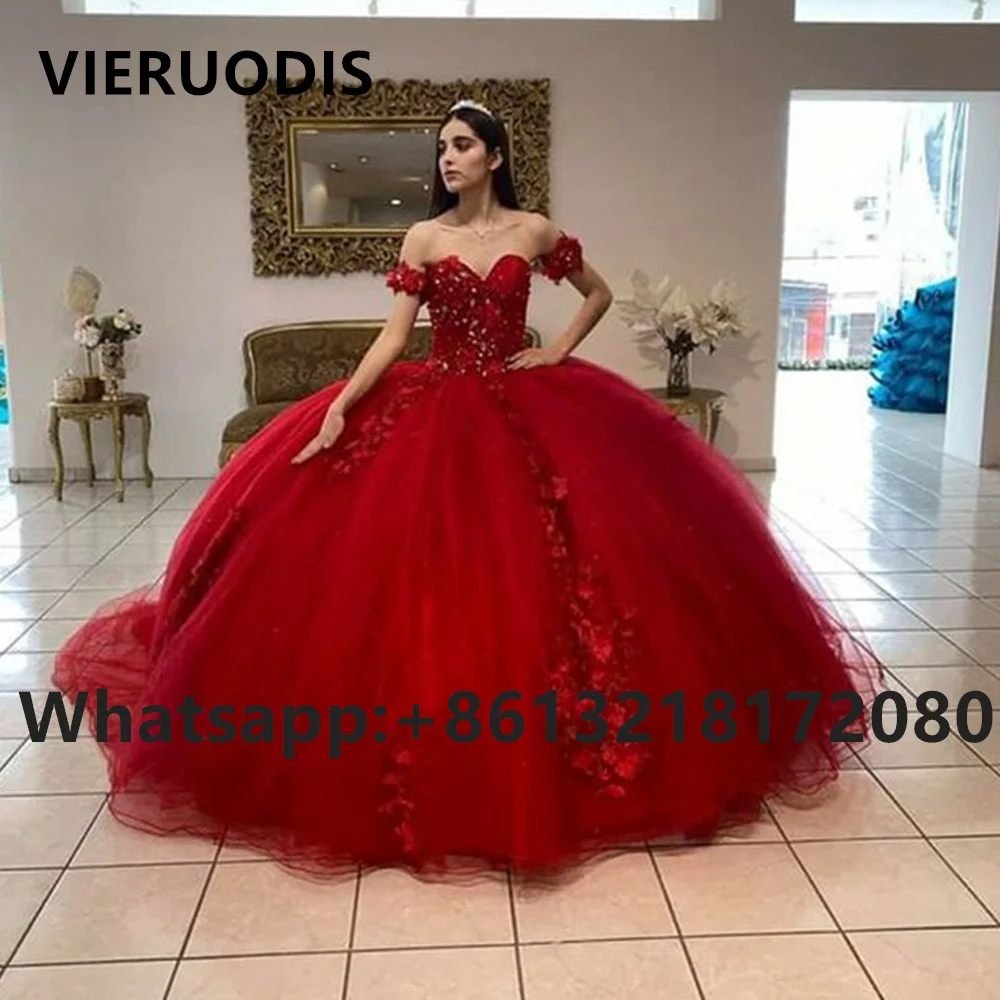 Abito da ballo rosso Abiti Quinceanera Dolce 16 con spalle scoperte Abiti da ballo in pizzo con applicazioni dolci Vestido De 15 Anos Quinceanera