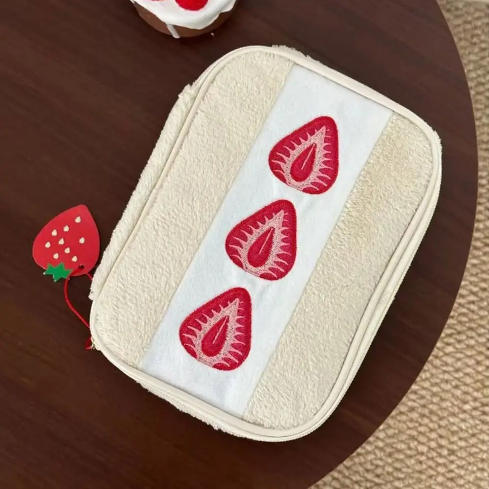 Portable Fuzzy Pen Bag Strawberry Sandwich Multi-functional Makeup Bag Cute Embroidered Pencil Case School Office