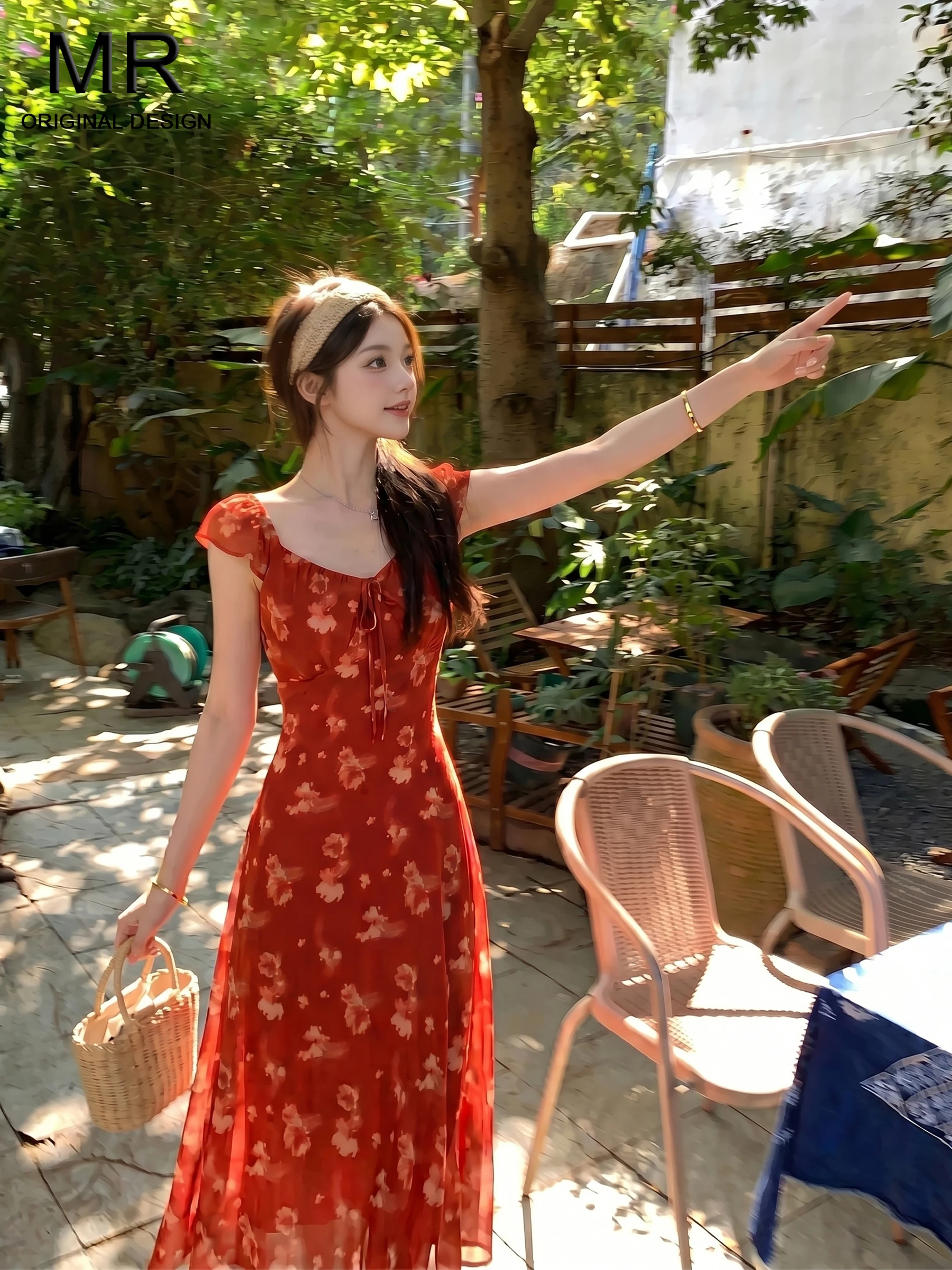 

Red V-Neck Maxi Dress Women's Summer Elegant Holiday Style Floral Print Gown Long Sleeveless Commute Wind High Waist A-Line S...