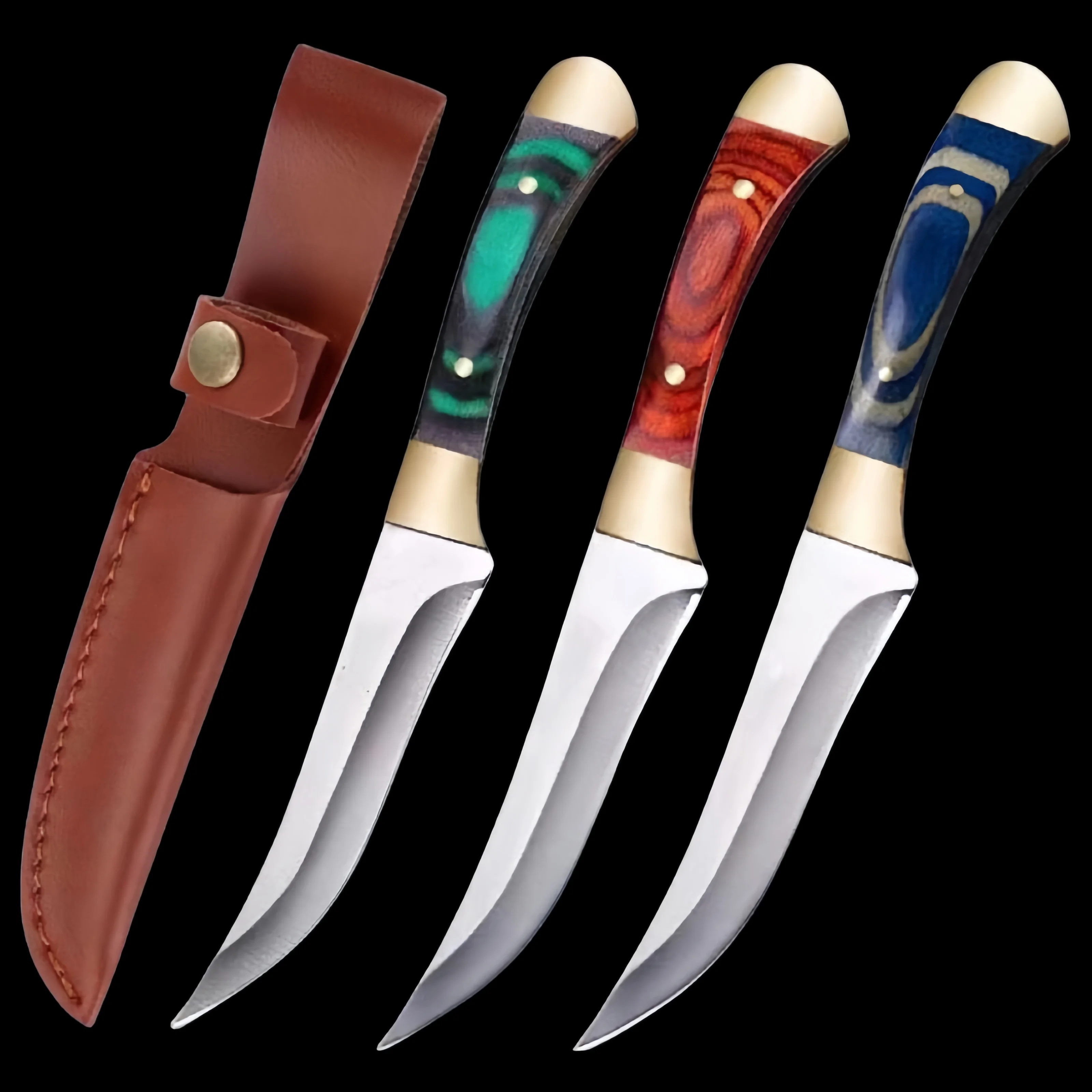 7.6-inch pocket knife with stainless steel blade and colorful wood handle with sheath, perfect for family camping barbecue