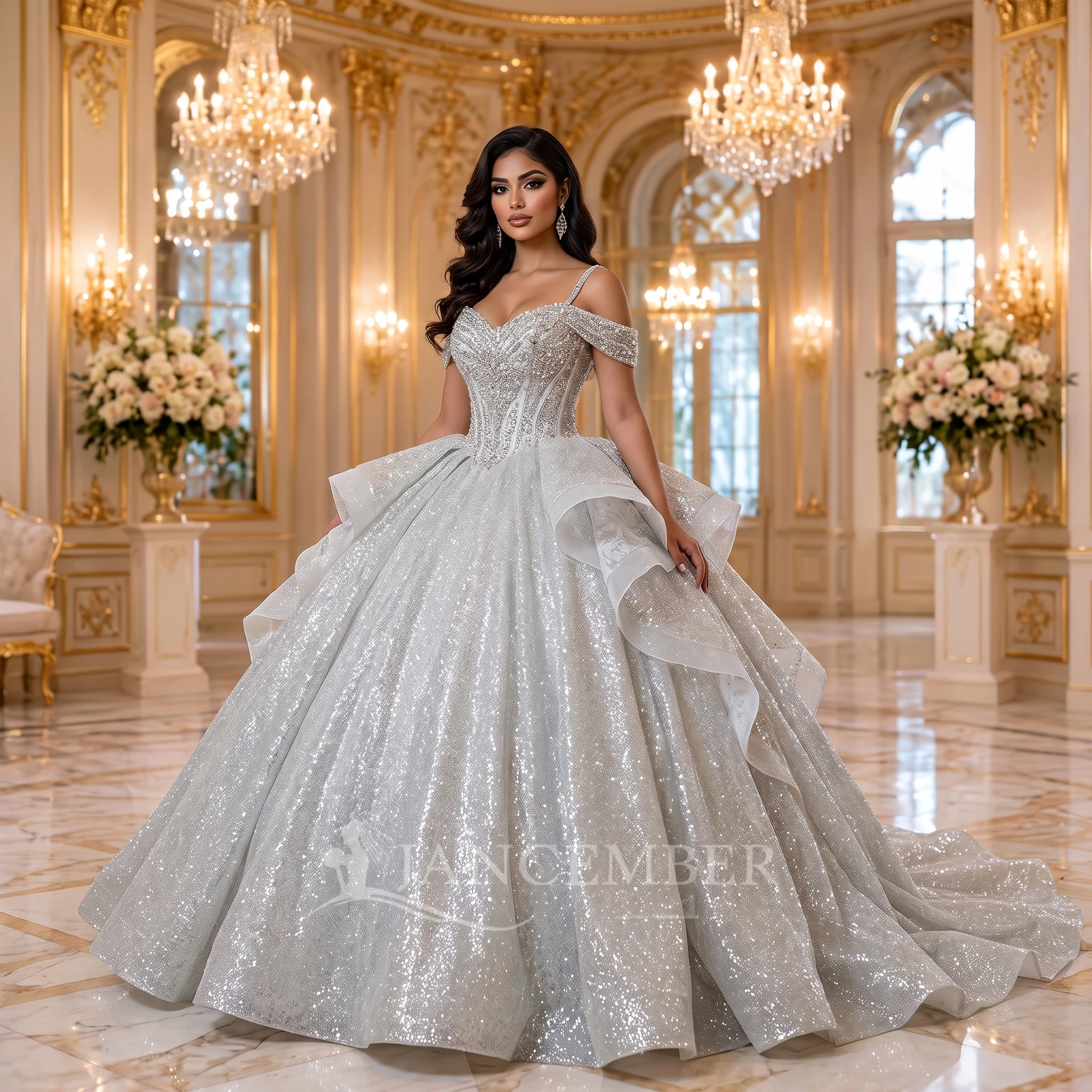 Customized Vintage Puffy Ball Gown Pearl Beading Wedding Dress With Lace Scoop-Neck Short Sleeves Bridal Gowns Vestido De Novia