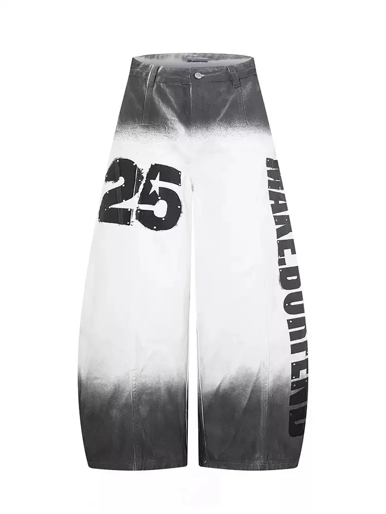 

Джинсы унисекс в американском ретро-стиле с градиентной окраской и принтом цифр, свободные широкие брюки, нишевый дизайн, длинные брюки с вырезами