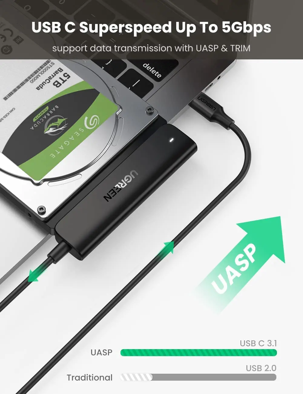 UGREEN Cable adaptador SATA a USB C para conector de disco duro SSD y HDD de 2,5 "5 Gbps compatible con SATA III UASP Thunderbolt 3