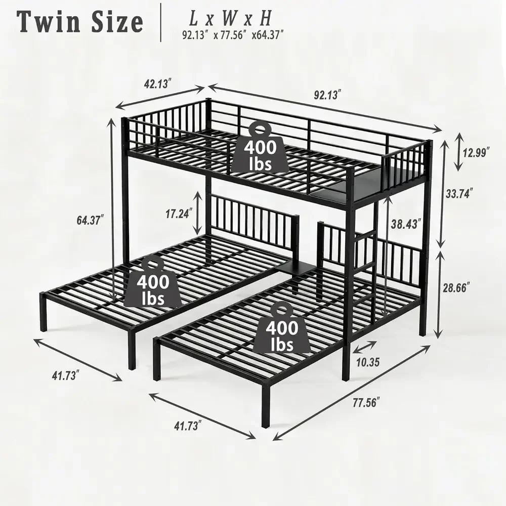 Heavy Duty Metal Triple Bunk Bed with Guardrails, Ladder, Converts to 3 Twin Beds, Ideal for 3 Kids, Black