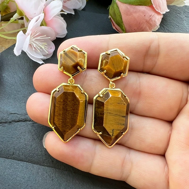 18X45mm Damen Ohrstecker Geometrischer Edelstein-Schmuck Doppelseitig Facettierte Sechseckige Schwertspitze auf Naturstein Labradorit Ohrringe – Detail 7