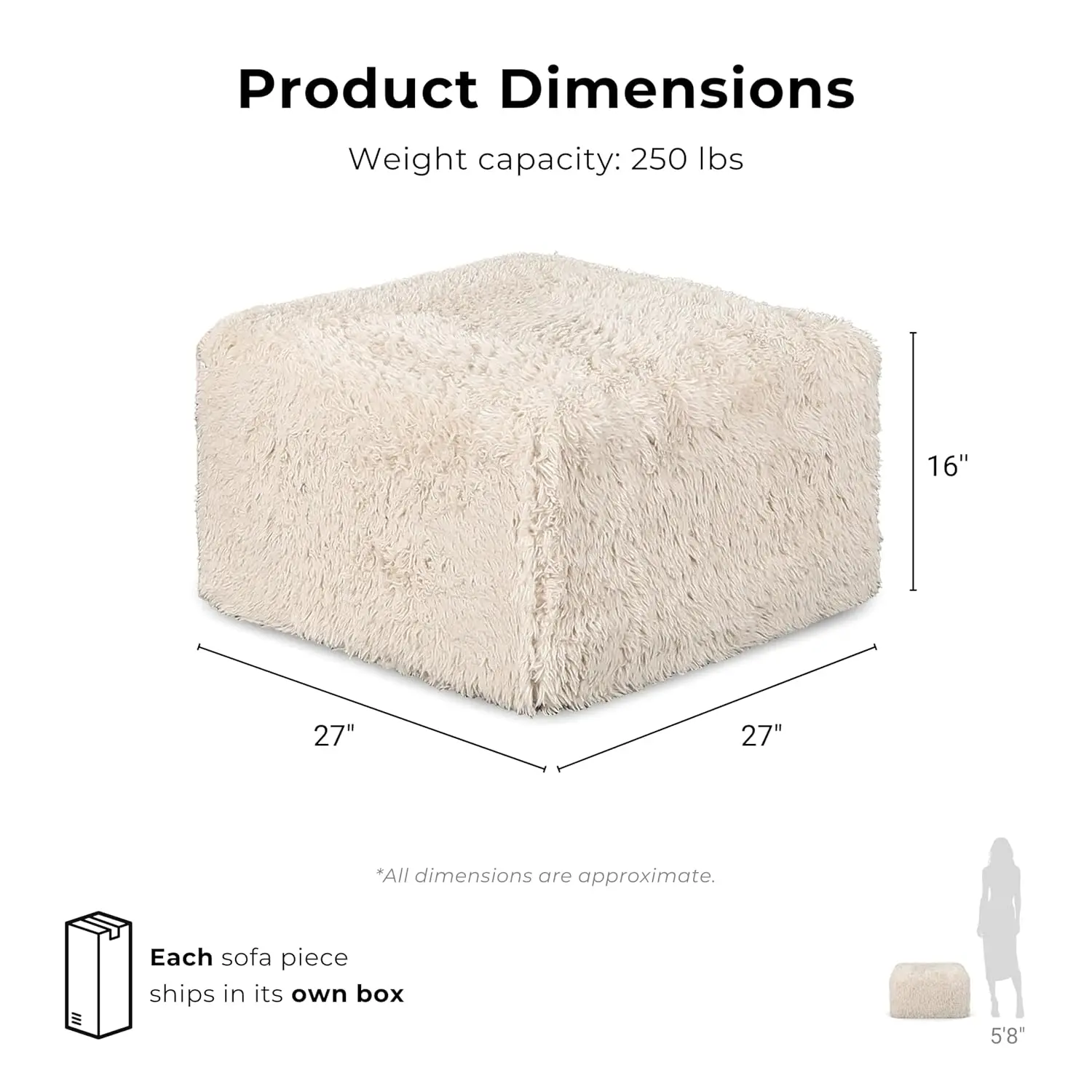 Faux Fur Modular Foam Ottoman, Compressed Sofa in Box, No Assembly, Living Room & Office, Sand, Customized