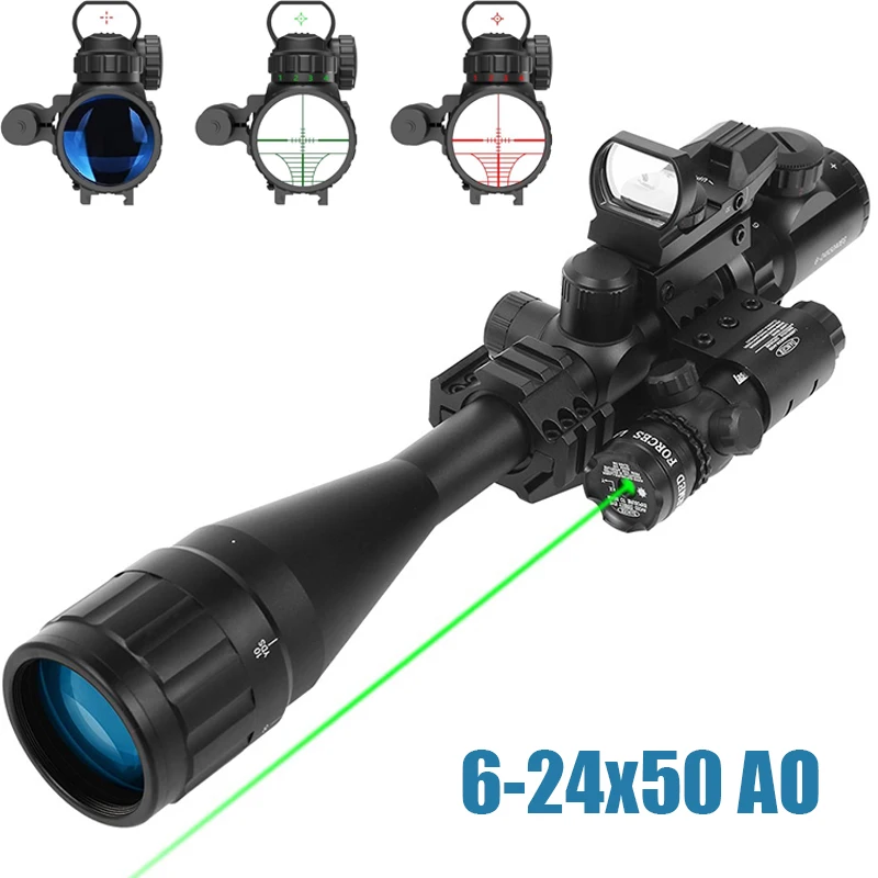 6-24x50 AO Riflescope Red/Green Dot Sight Laser Scope Combo Dual Illuminated Optical Reflex Sight Set for Hunting Shooting