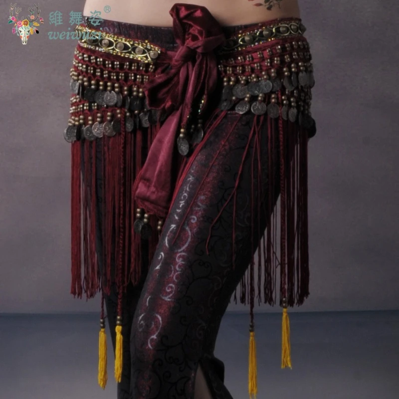 Women Tribal Odinalei Belly Dance Hip Scarves Belly Dancing Waist Belts Hip Scarf Tribal Dance Practice Belt with Fringe Coins