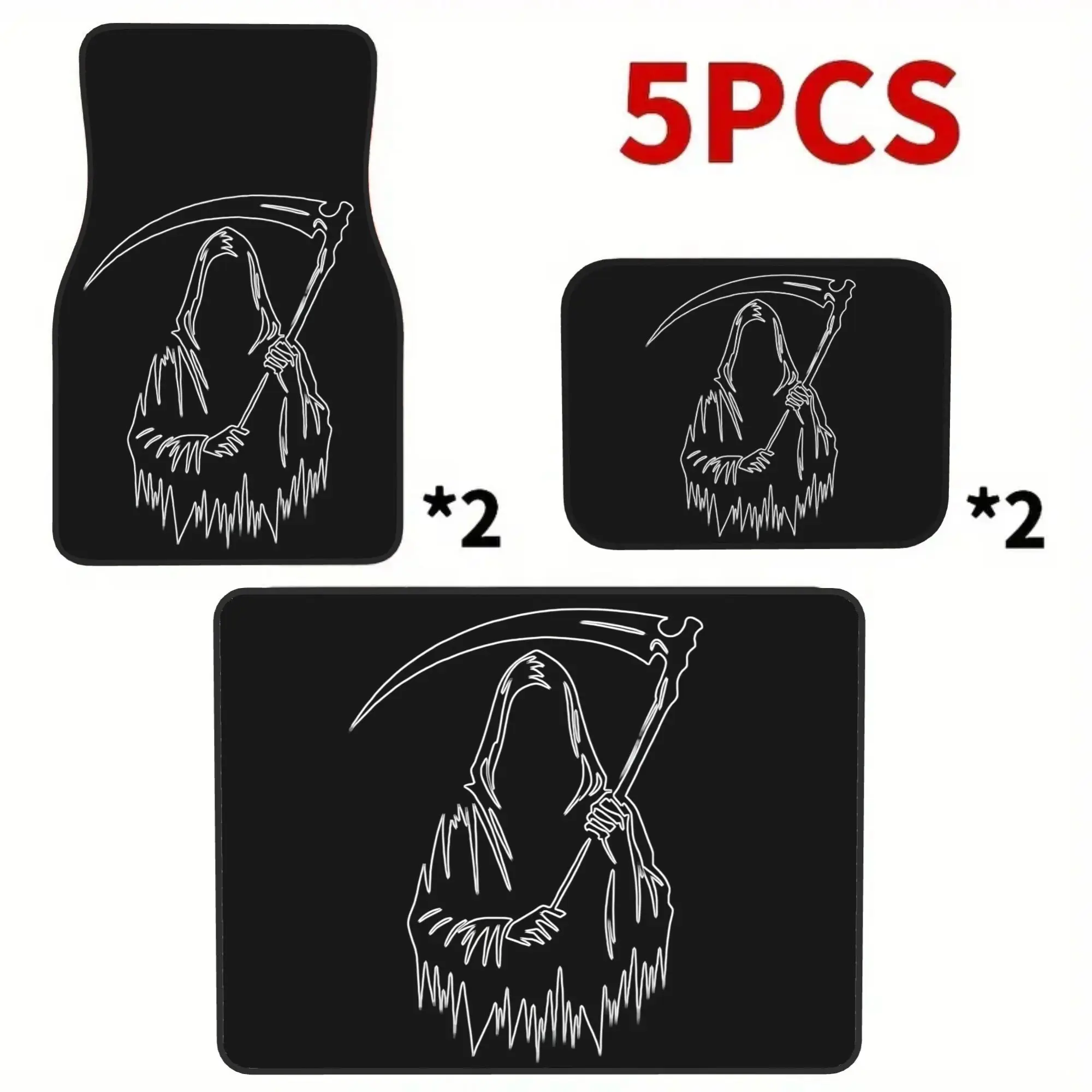 5pcs Dark Gothic Death Silhouette Graphic Printed Car Mats Set (4 Floor Mats + 1 Trunk Mat), Made Of Durable Elegant Interior Pr