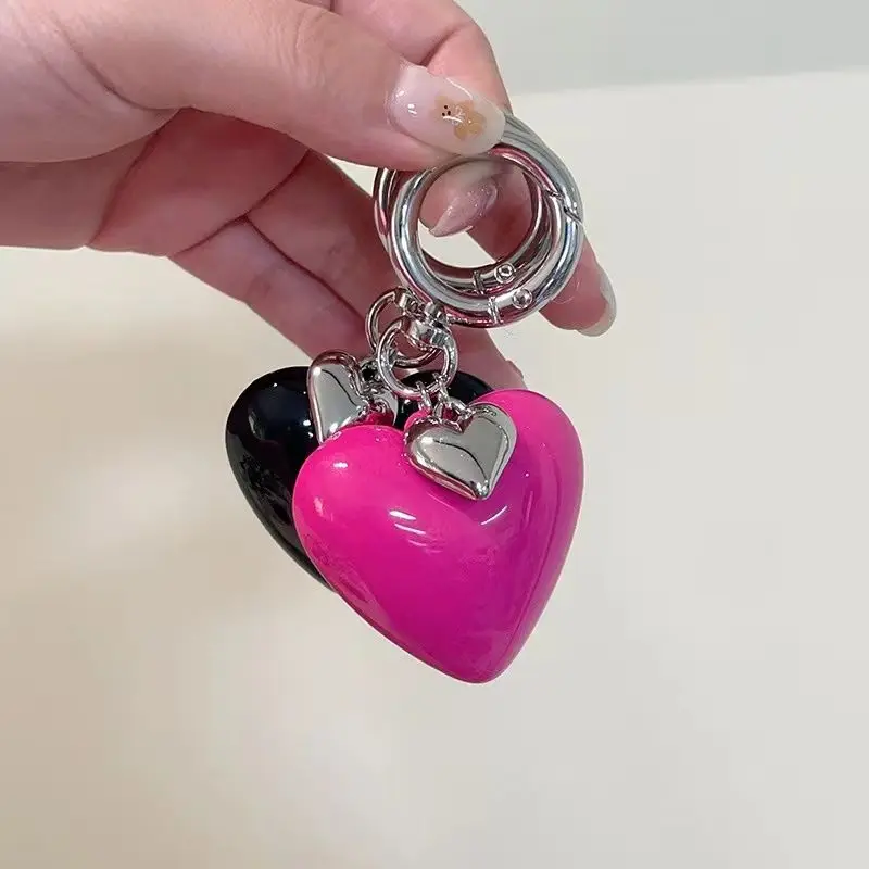 Korean Style Cute Pink Black Heart Keychains Y2K Sweet Fashion Daily Jewelry Bag Accessories for Women Girls New Pendant Keyring