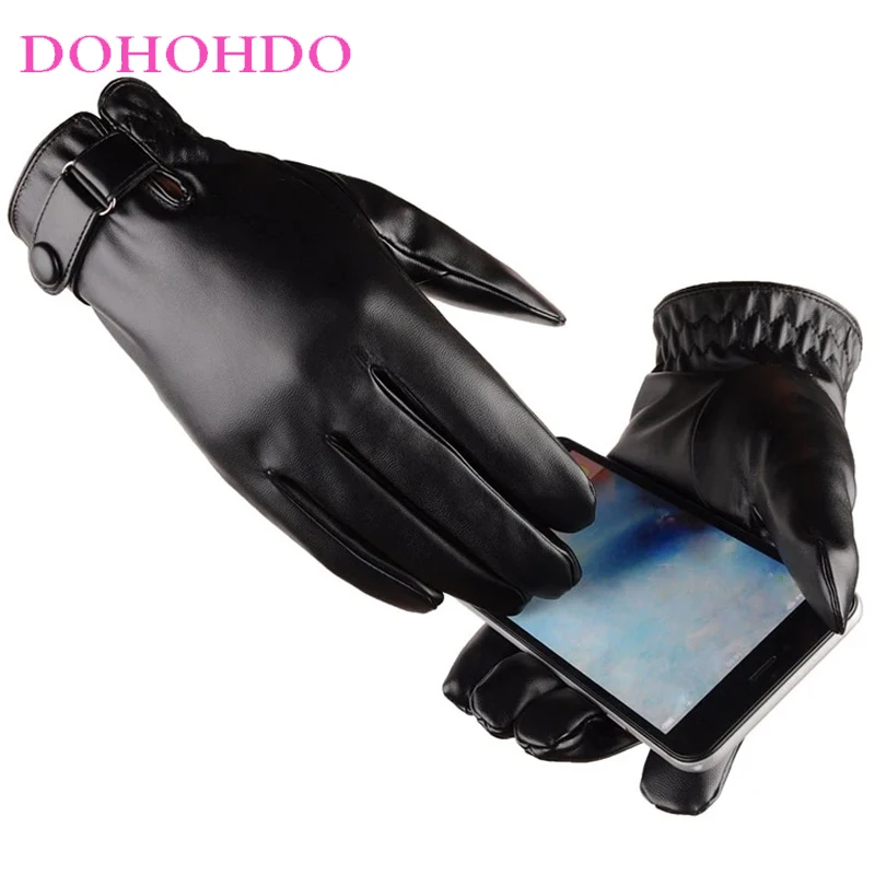 قفازات جلدية سوداء تعمل باللمس للرجال في الخريف والشتاء بالإضافة إلى قفازات ركوب الدراجات النارية من الجلد المقلد المخملي #2