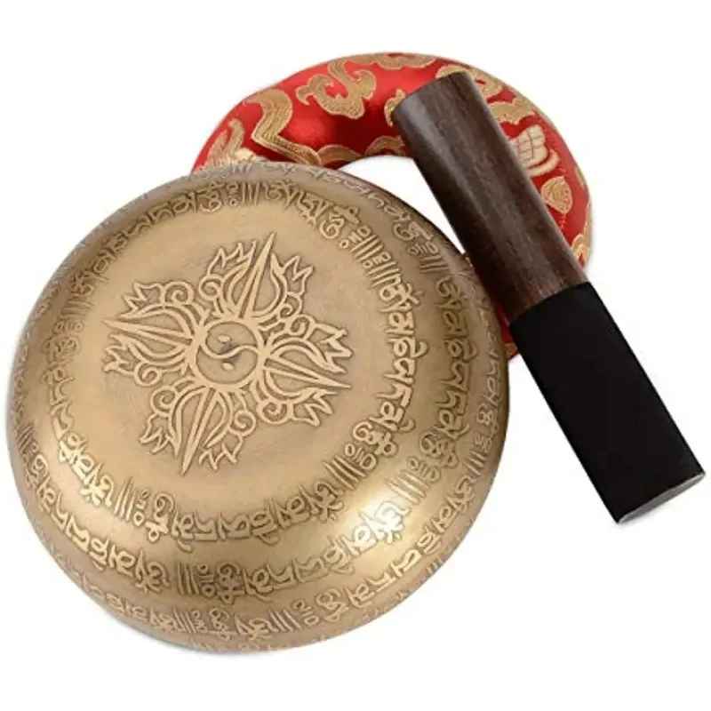 12CM Tibetan Singing Bowl Six True Words Mantra Yoga Meditation Sound Healing Antique Copper Plate