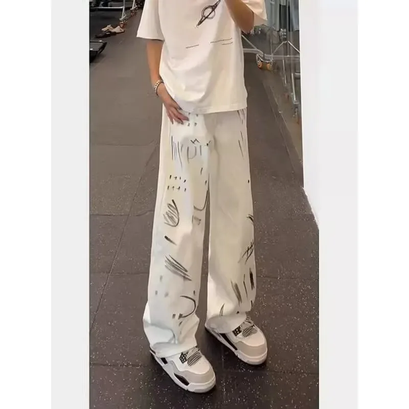 White Graffiti Dyed Wide Leg Jeans Men Women Design Sense High Street Cleanfit Knife  Casual Loose Straight Cotton Denim