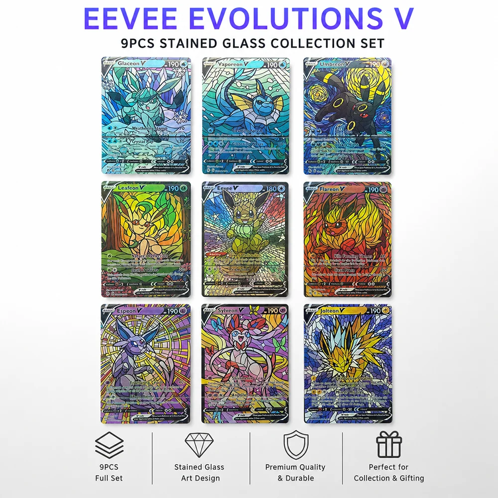 PTCG 9-teiliges Set Vollständige Art Evolution V Sammelkarten-Kollektion Buntglas-Holografische Karten Eevee Umbreon Sylveon Geschenkset