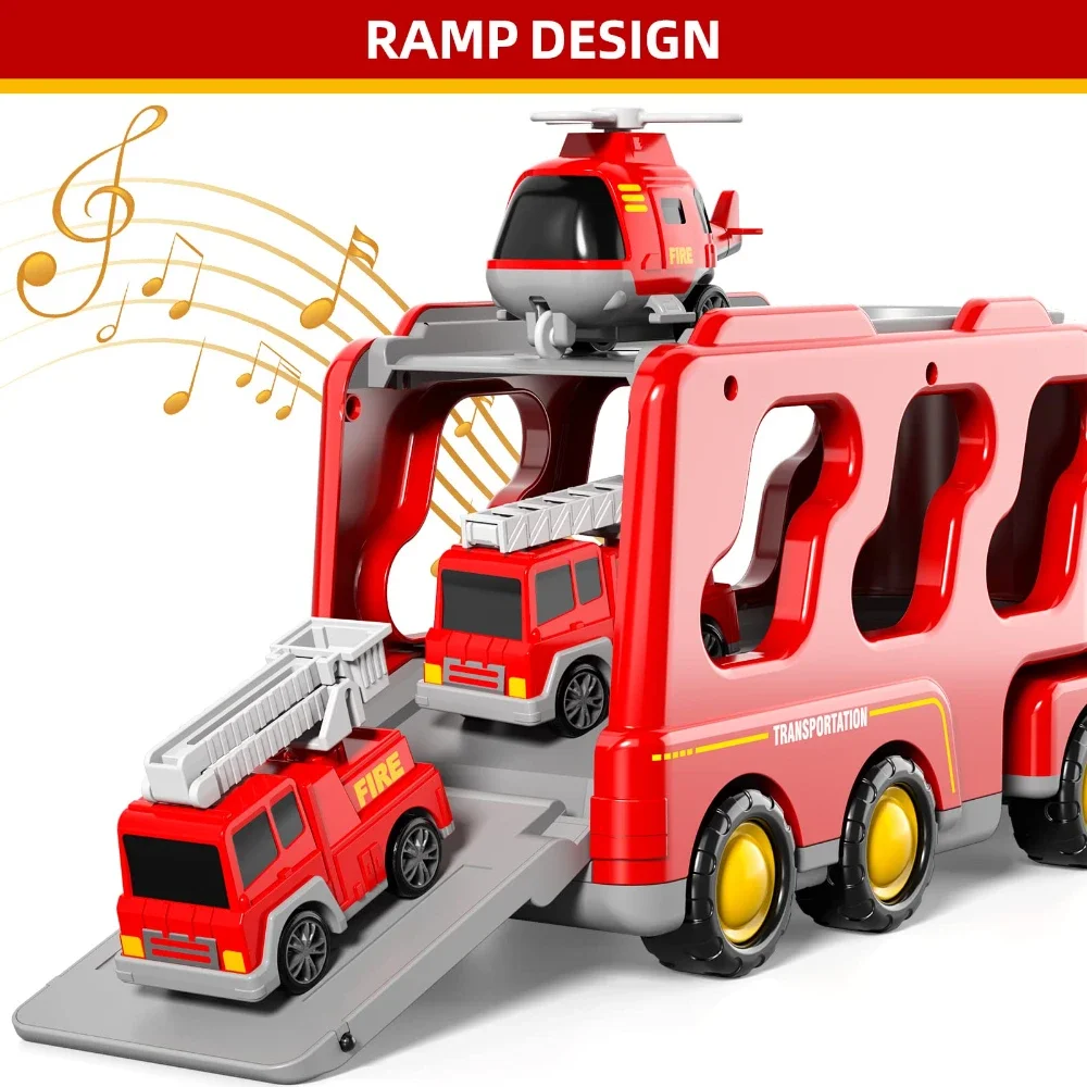 WizKidz Fire Truck Toys 5 In 1 Kids Carrier Friction Power Cars With Light Sound For 3 + Years Old Boys Toddlers Birthday Gifts