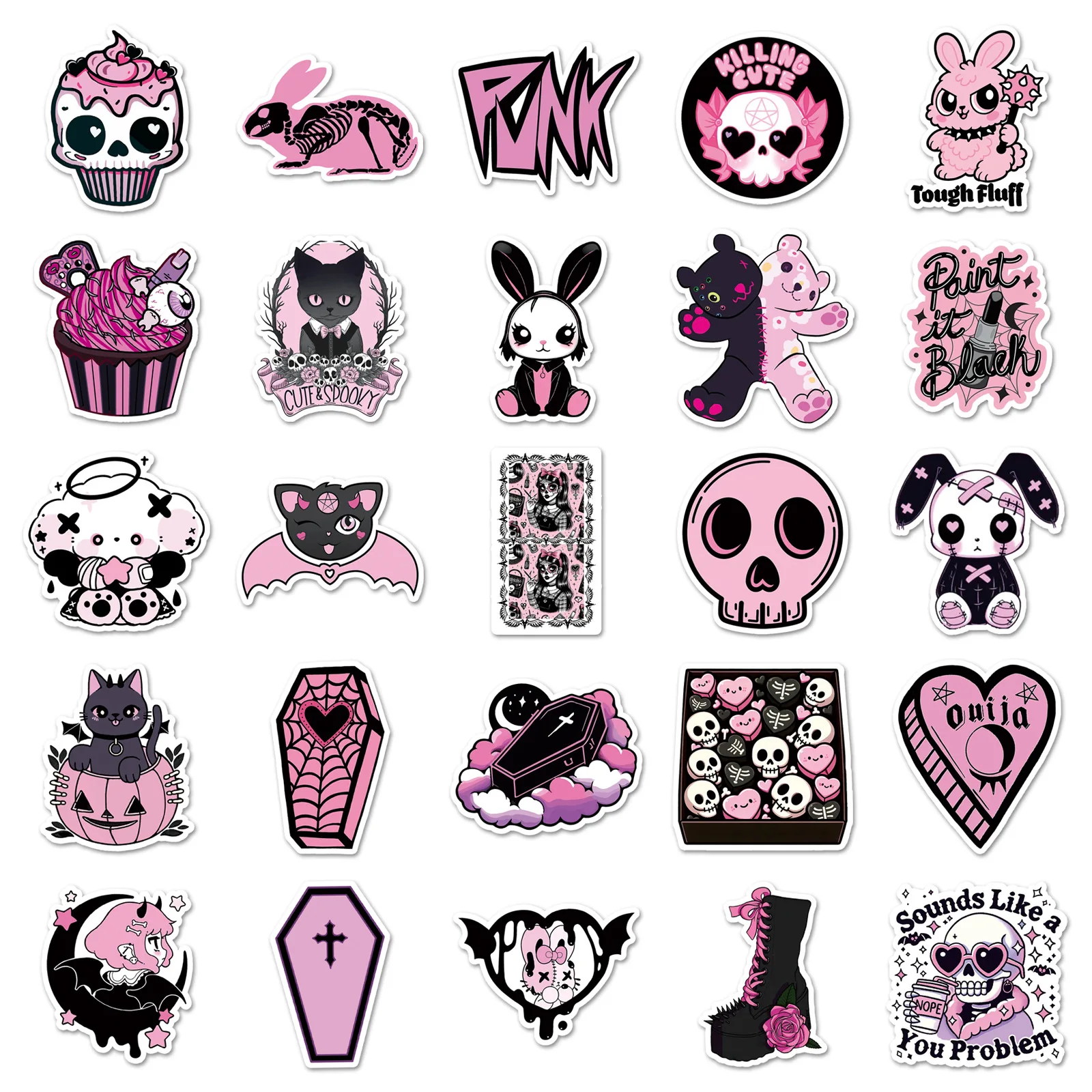50PCS Black Gothic Graffiti Stickers Pink Skeleton Cartoon Decoration DIY Luggage Laptop Guitar Car Bike Decals Children's Toys
