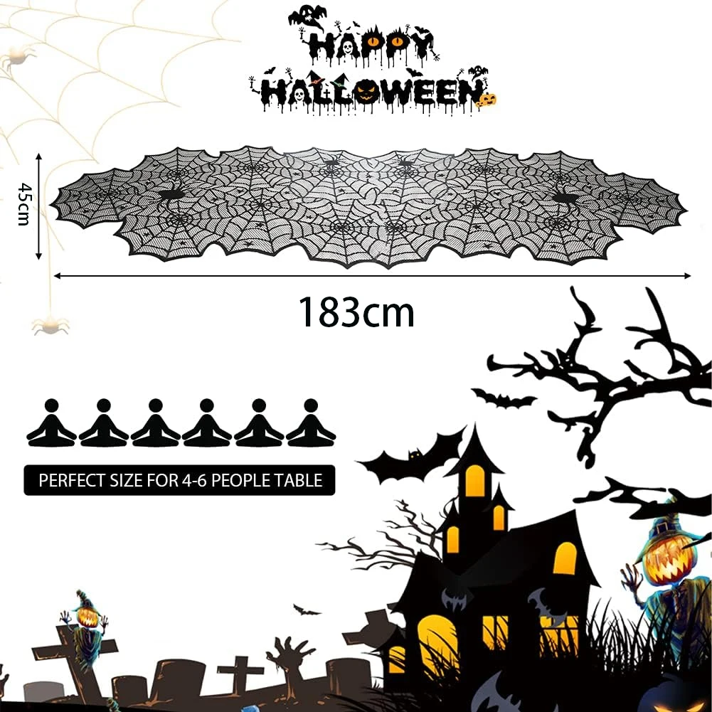 Halloween-Tischdecke, Spinnennetz-Tischläufer aus schwarzer Spitze für Halloween-Dekoration/Party-Dinner-Tischdekoration, 45 x 183 cm – Detail 4