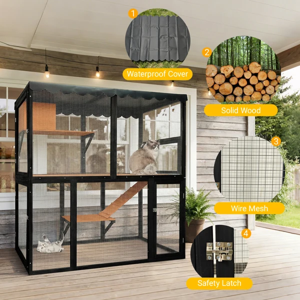 Wooden cattery outdoor cat cage large cat house, suitable for walking with multiple cats, indoor four-story cat cage house, with waterproof cover and ramp - does not support self-pick up and does not support designated warehouse delivery -14