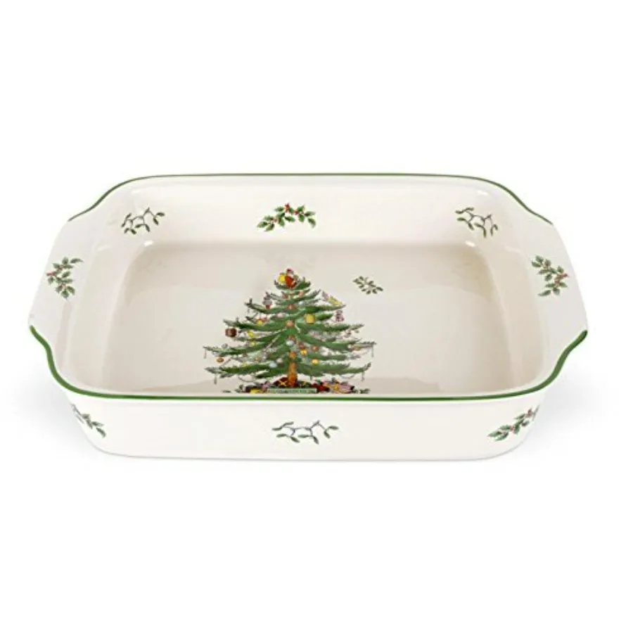 

Christmas Tree Rectangular Handled Dish (9" x 12") Baking & Seasonal Platters - Earthenware, Microwave & Dishwasher Safe - Festi