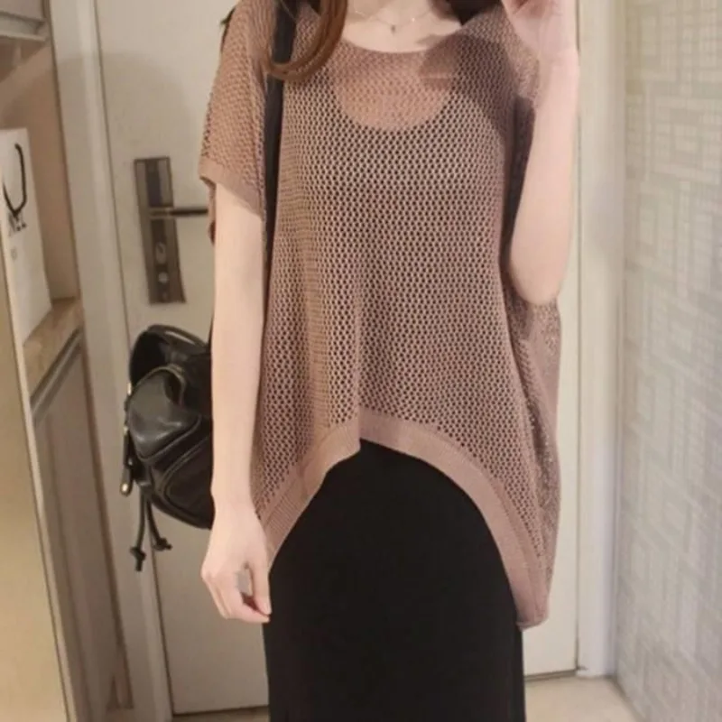 

2024 Summer New Thin Fashion Solid Pullovers Round Neck Hollow Out Sweater Knitted Sexy Poncho Asymmetric Midi Short Sleeve Tops