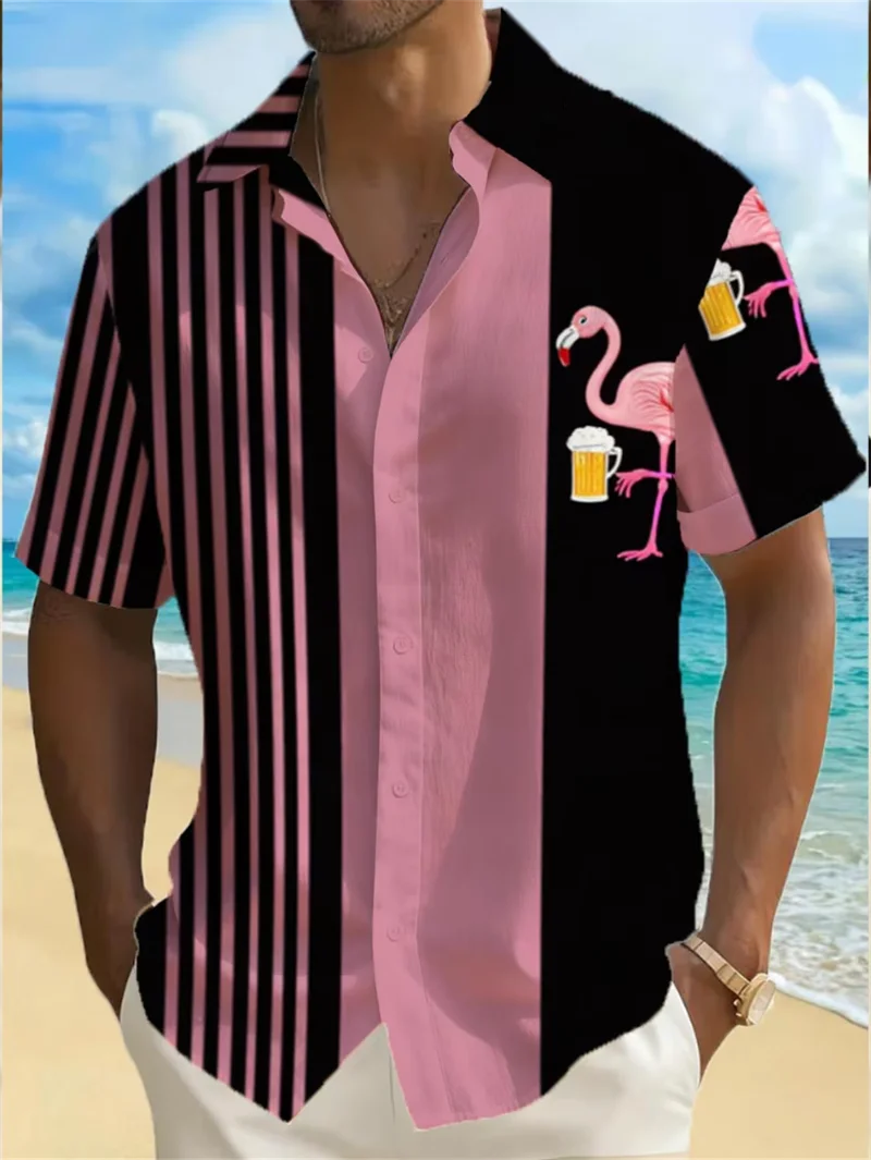 Flamingo Beer Hawaiian Men's Shirts Pink Black Contrast Graphic Breathable Lightweight Vacation Shirt Y2k Clothes