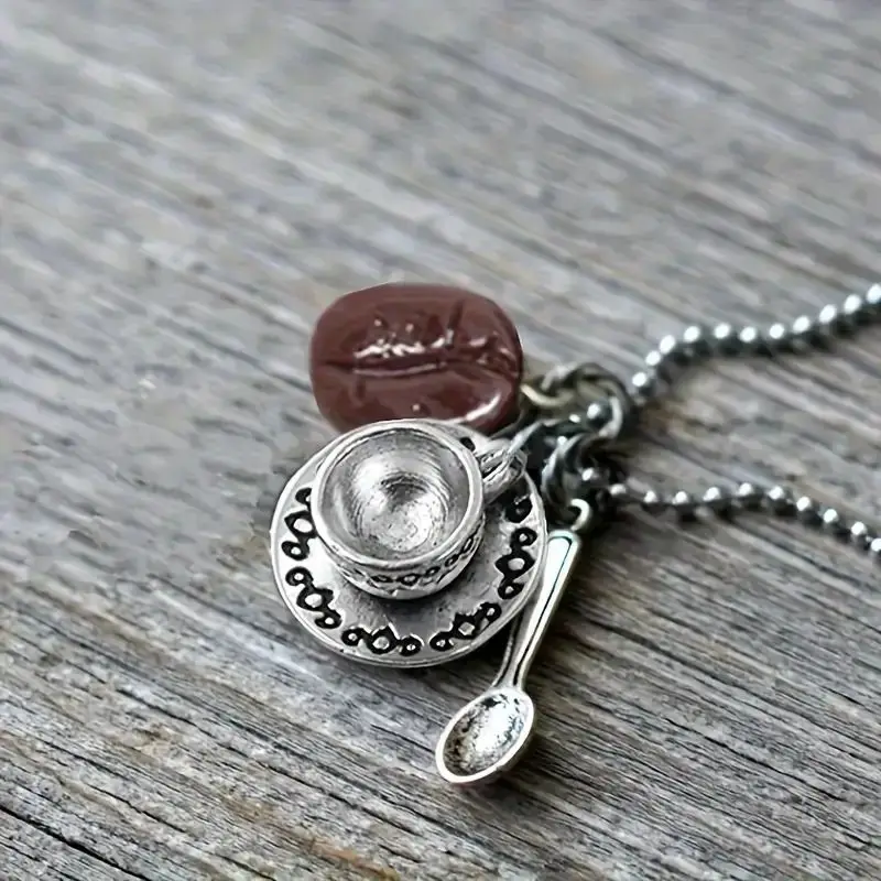 Rustic Hip-Hop Style Coffee Cup Bean Pendant Necklace Spoon Charm Stainless Steel Chain Ideal Jewelry Gift for Coffee Lovers