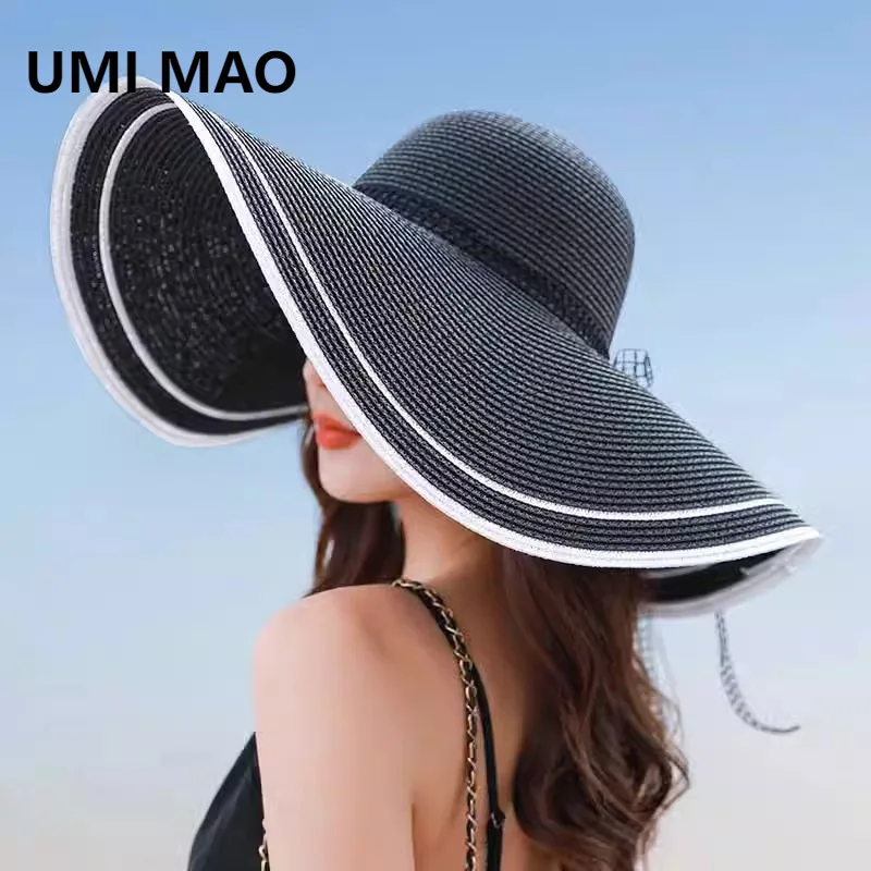 

UMI MAO Summer Extra Large Brim Beach Straw Hat Women Korean Style Trendy Beach Sun Protection Sunshade Vacation Wide Brim Cap