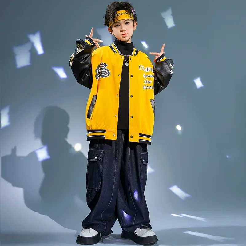 Girls Jazz Dance Costumes Yellow Letter Printed Patchwork Jacket Loose Jeans Set Boys Ballroom Hip Hop Stage Performance Clothes