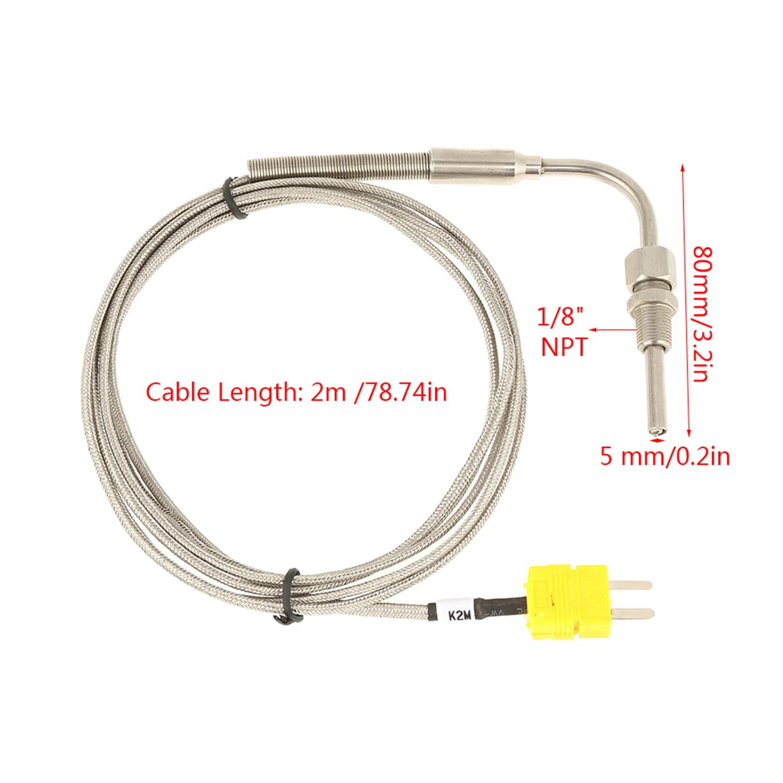 K Tipo EGT Termopar para Gás de Escape, Sonda Temp com Ponta Exposta e Conector