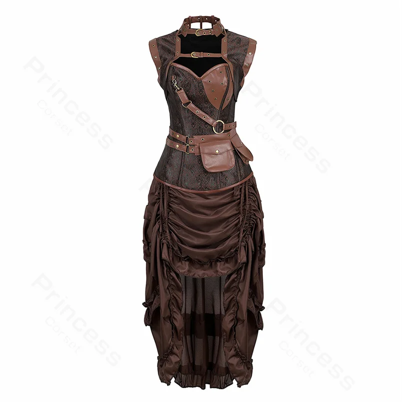 Piraat Kostuum Voor Vrouwen Piraat Jurk Punk Lederen Corset Top Met Trekkoord Rok Bruin Steampunk Corset Jurk Plus Size