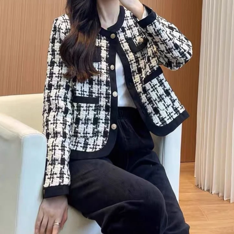 Chaquetas de mujer, abrigo corto con estampado a cuadros, prendas de vestir exteriores de otoño, cuello redondo, chaqueta femenina de retales con una hilera de botones, abrigo de oficina para mujer