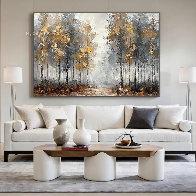 Large Textured Canvas Art Hand Painted Birch Tree Oil Painting Misty Forest Scenery Living Room Wall Decor