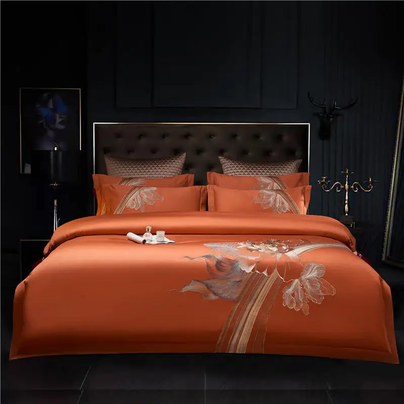 

High-end Art Flowers Embroidery Bedding Sets Luxury Orange Egyptian Cotton Quilt/Duvet Cover Bed Linen Sheet Pillowcases