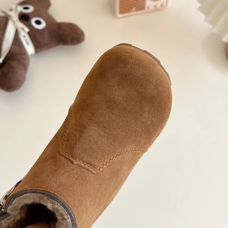 2024 Winter New Children\'s Genuine Leather Boots Girls\' Cotton Shoes Korean Matte Boys\' Short Boots Fashion Leopard Pattern