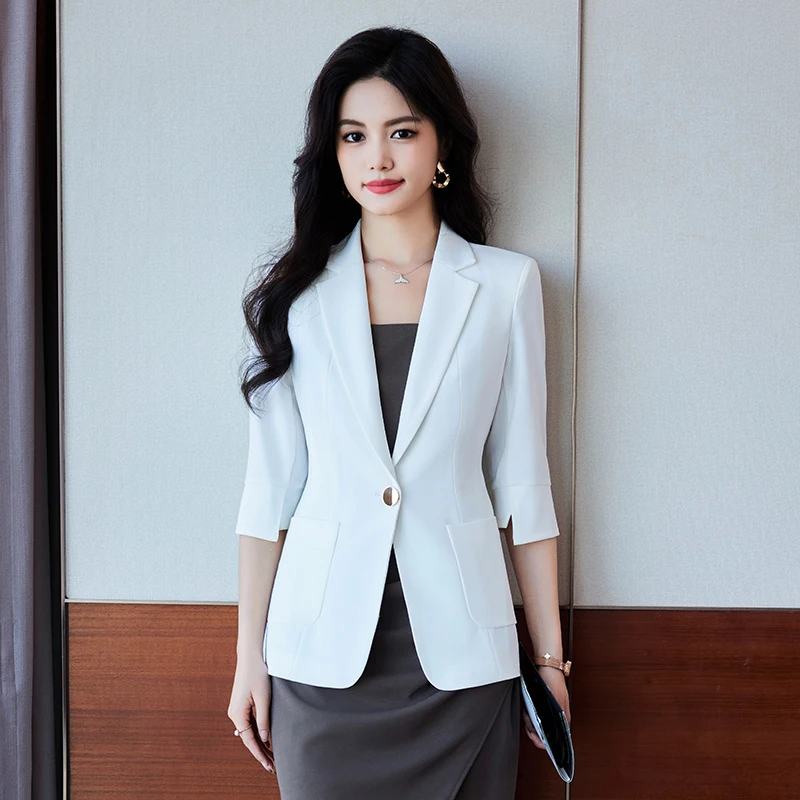 NAVIU Orange Blazer Pocket Women New Spring Summer White Black Professional Slim Half Sleeve Jacket Office Lady Work Coat Tops