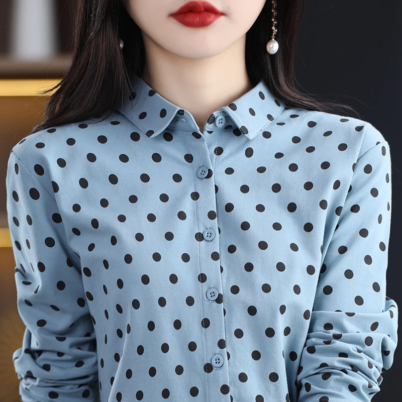 Imagem -06 - Camisa Polo de Manga Comprida Feminina Puro Algodão Decote o Moda Solta Wave Dot Top Elegante e Versátil Primavera e Outono Novo