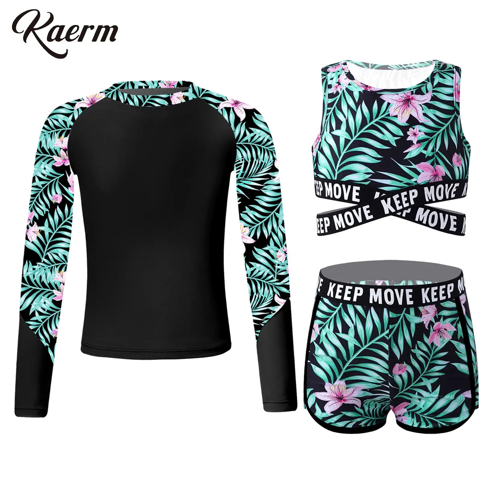 

Kids Girls 3 Pcs Tankini Floral Upf 50+ Rashguard Shirts with Bikini Top Shorts Bathing Suit Beach Sun Protective Cover Up Sets