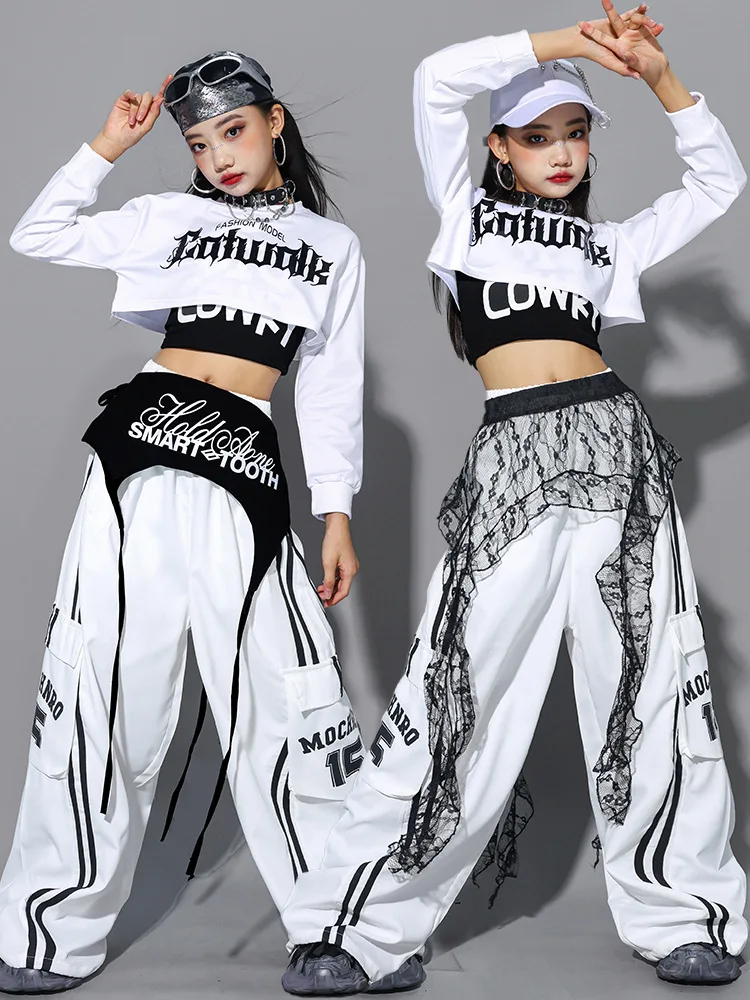

Girls Kpop Jazz Dance Clothing For Kids White Long Sleeves Crop Tops Black Baggy Hip Hop Pants Modern Dance Performance Wear
