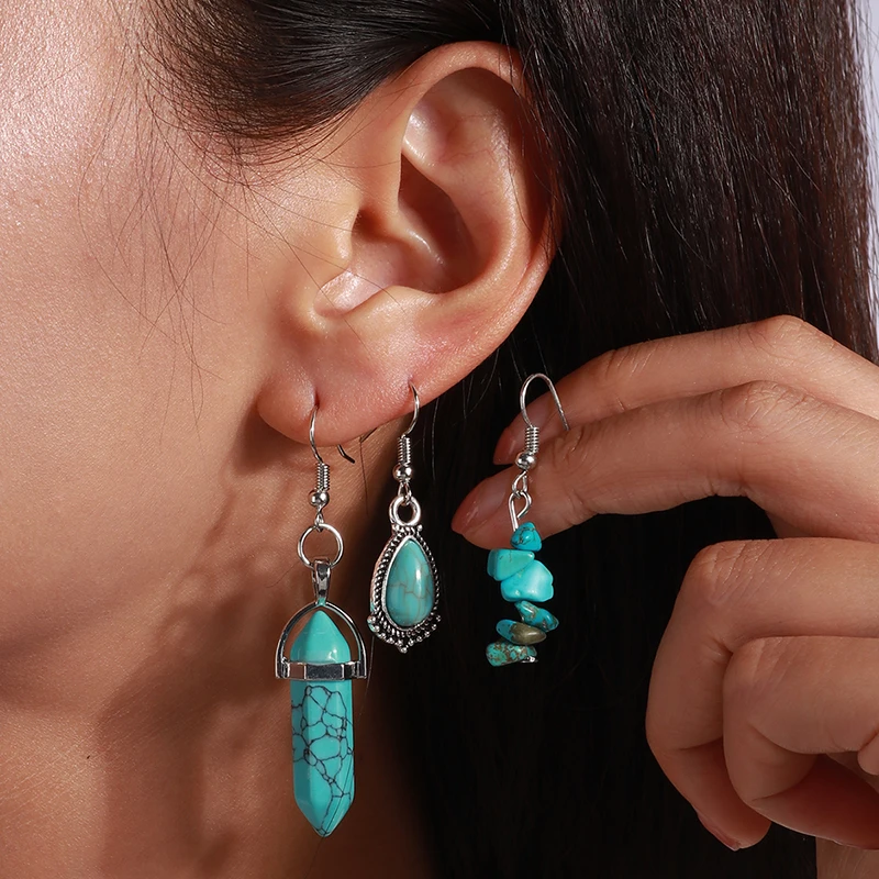 Frauen Ohrringe Sets Vintage Silber Überzogene Türkis Stein Tropfen Ohrring Böhmen Hexagonol Wasser Baumeln Ohrringe Schmuck Geschenke – Detail 11