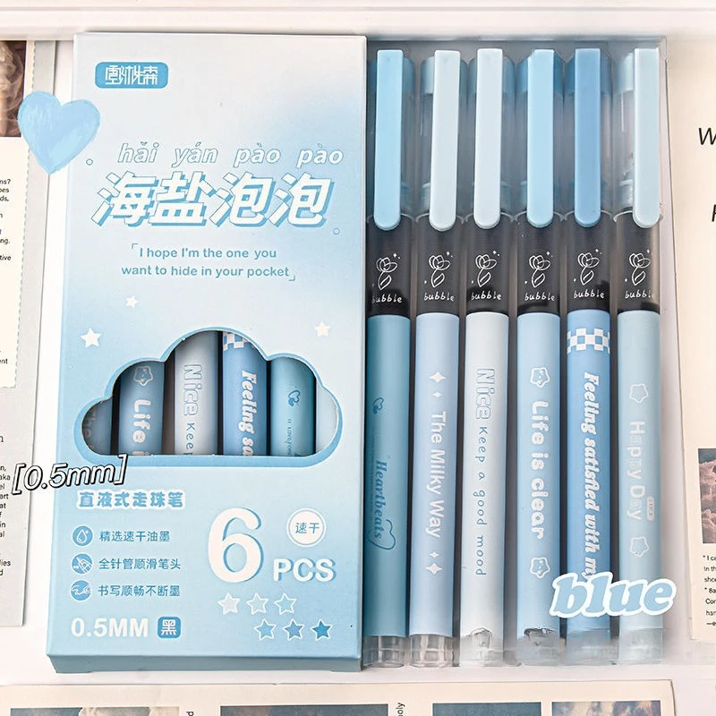

6 шт./компл., ручка с жидкими чернилами синего морского соли, 0,5 мм, быстросохнущая канцелярская гелевая ручка для плавного письма, эстетическая Ins, повседневная шариковая ручка