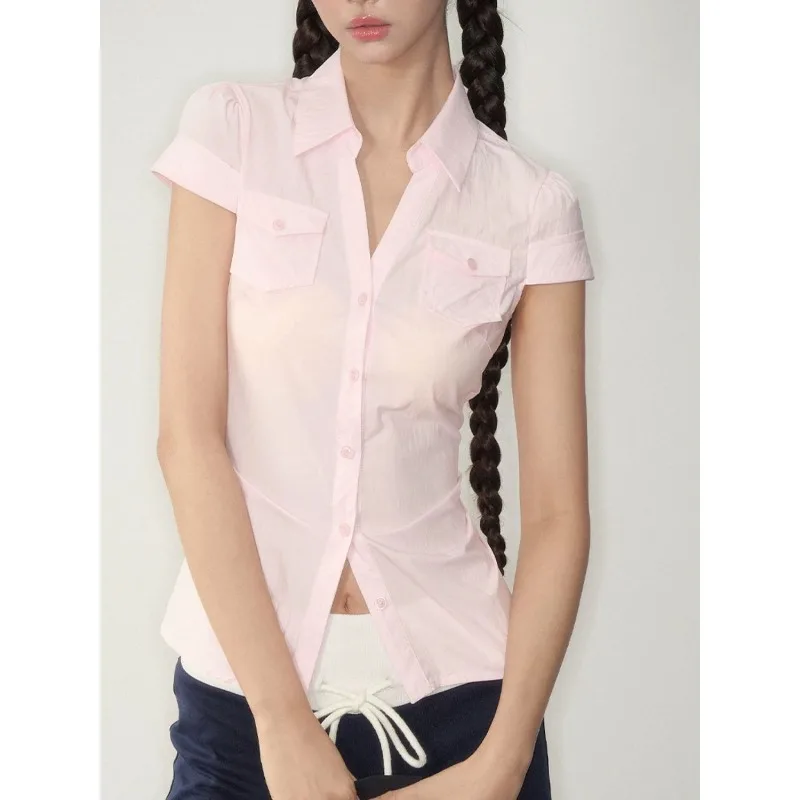 Deeptown Vintage Plaid Pocket Women Shirts Short Sleeve Korean Fashion Cropped Blouses Slim Preppy Jk Aesthetic Casual Summer