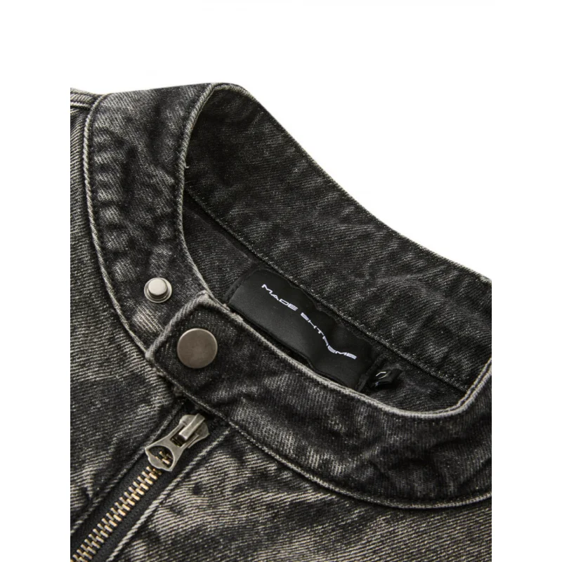 سترة من قماش الدنيم ذات ياقة ثابتة سهلة النجاح للرجال سترة سميكة من القطن الأسود المغسول