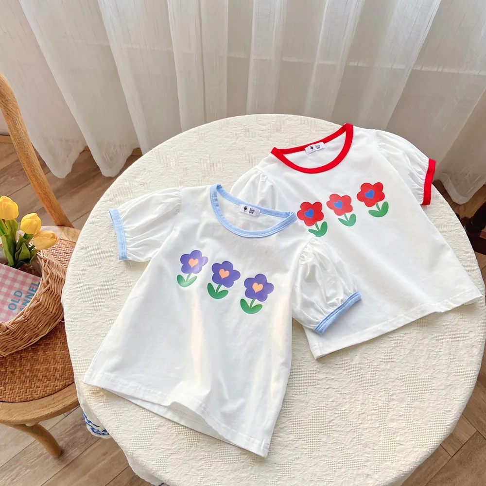 

Kids Girls T-Shirts Summer Korean New O-Neck Floral Print Puff Sleeve Children Tops Sweet Cute Children Clothing For 2-8Y