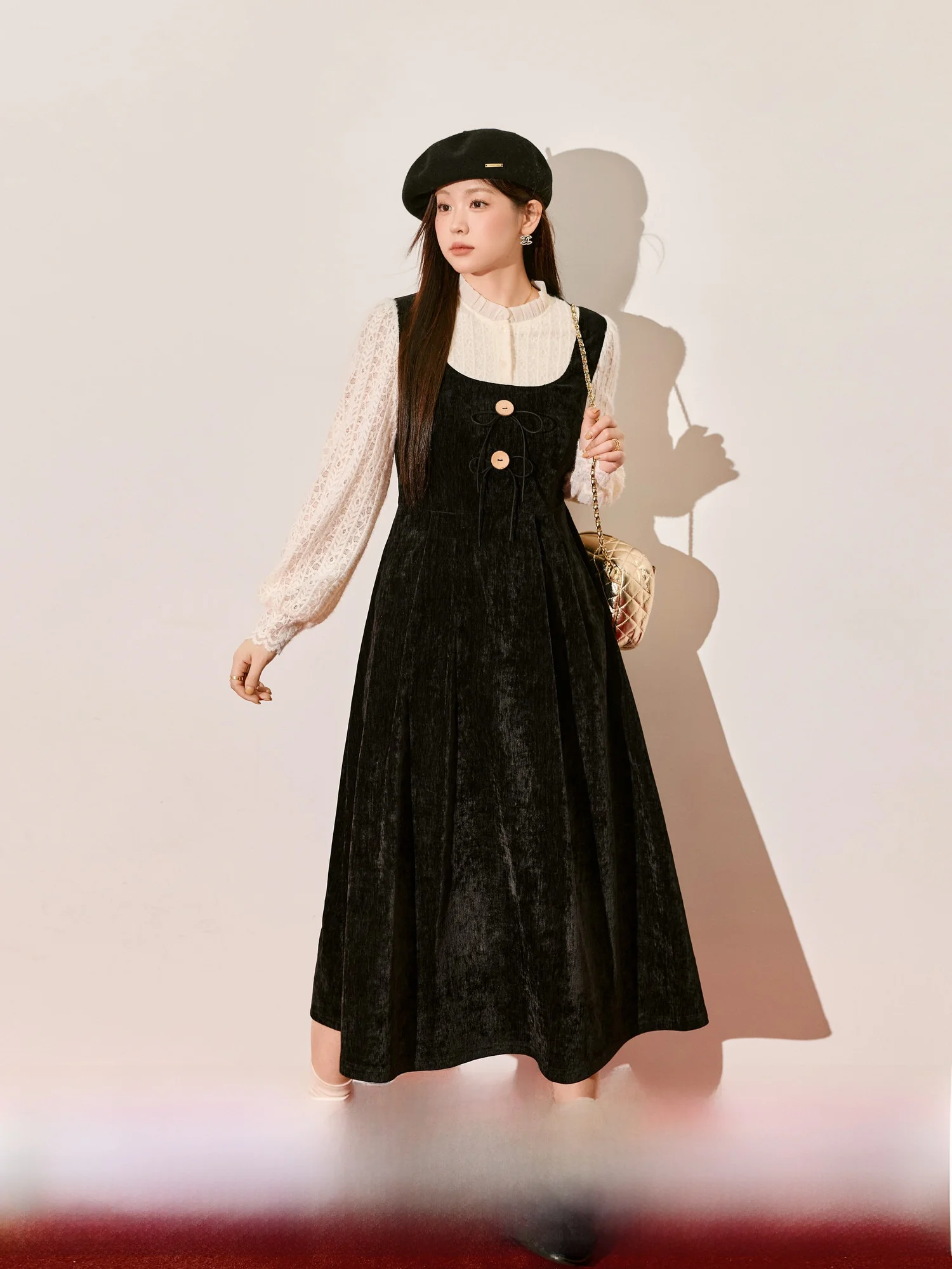 

Blue Language Large Size Lace Patchwork Fake Two-Piece Dr Winter New Sle Waist-Cinching Base Layer Inner Long Dr