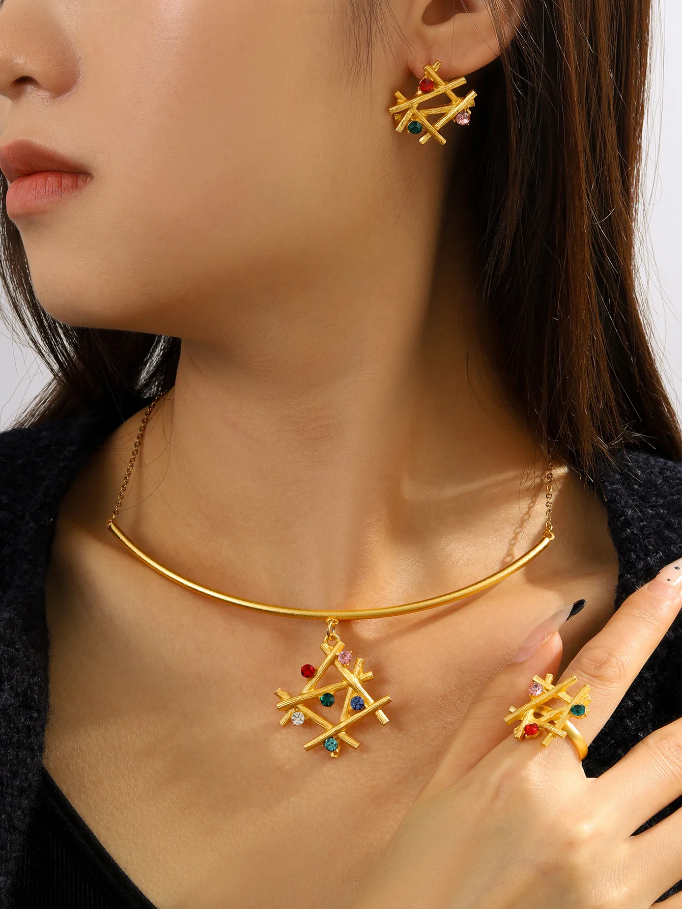 New 3-piece Set Luxury stainless steel tassel pendant Necklace Earrings Ring Banquet Wedding Jewelry Set for Women Birthday Gift