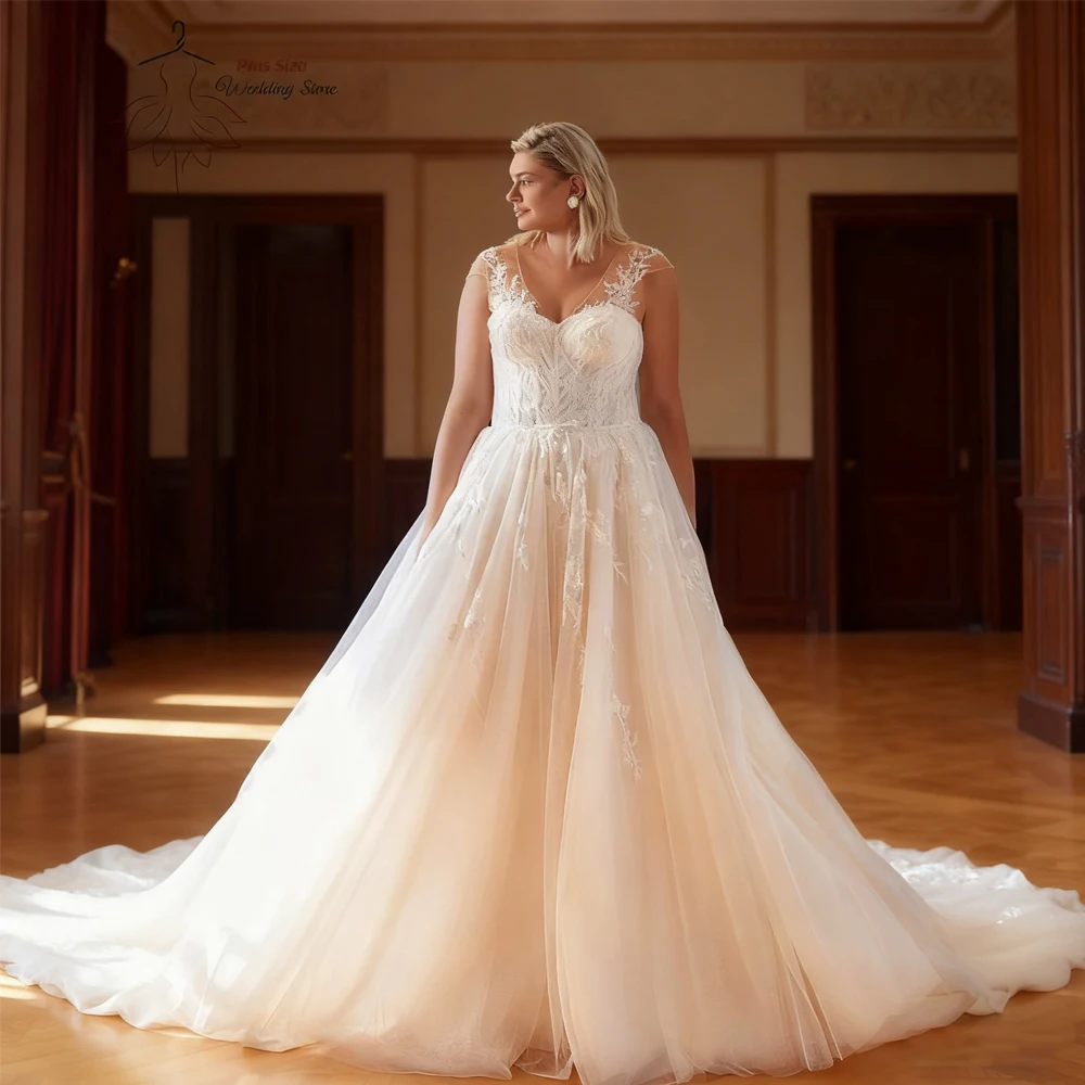 فساتين زفاف رائعة على شكل حرف a مقاس كبير ورقبة على شكل V وأكمام قصيرة فساتين العروس مزينة بالدانتيل طول الأرض تول فيستدو دي نويفا